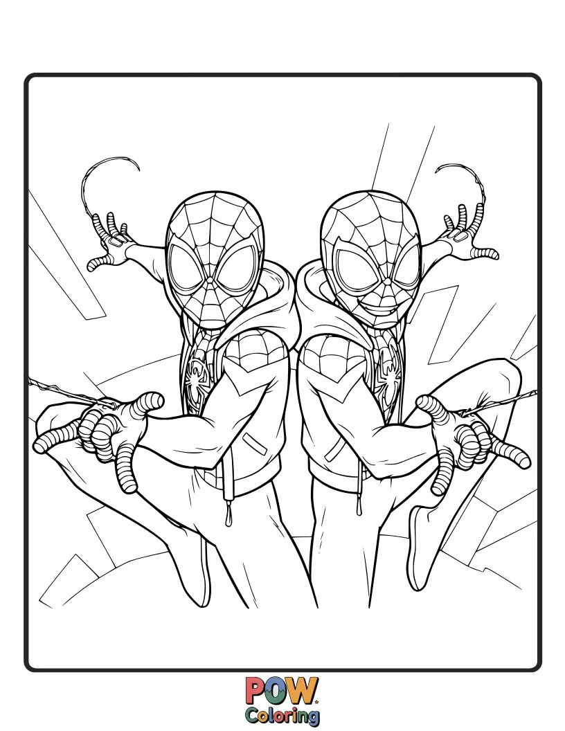 Free coloring page of Miles Morales facing off against two distinct villains, showcasing his agility and combat skills.