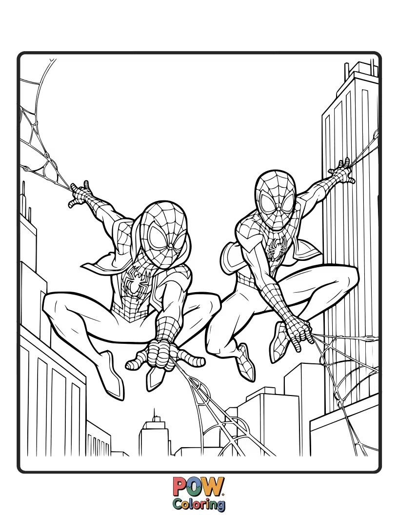 Free coloring page of Miles Morales swinging alongside another popular Marvel hero, teaming up for a grand adventure.