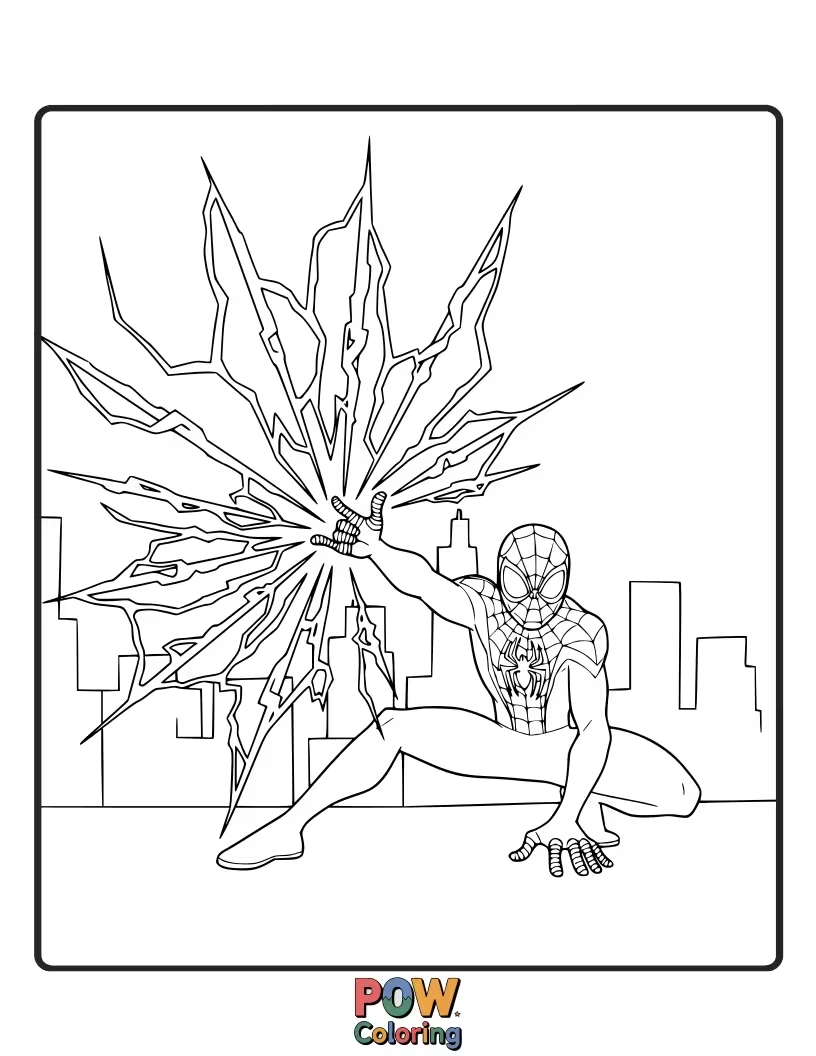 Free coloring page of Miles Morales shooting an electric-infused web, stunning his opponents with bio-electric power.