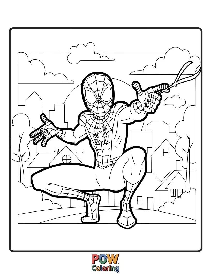 Free coloring page of Miles Morales interacting with diverse Brooklyn residents, offering a friendly wave while on patrol.