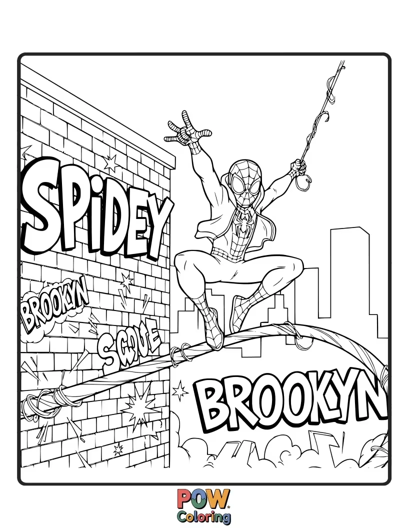 Free coloring page of Miles Morales mid-air, swinging from a graffiti-covered building in Brooklyn, leaving a trail of vibrant color.