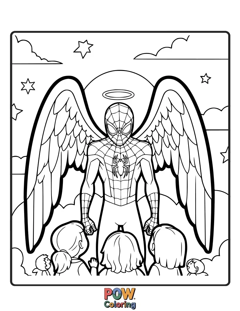 Free coloring page of Miles Morales hovering above a street, watching over his city like a protective guardian.