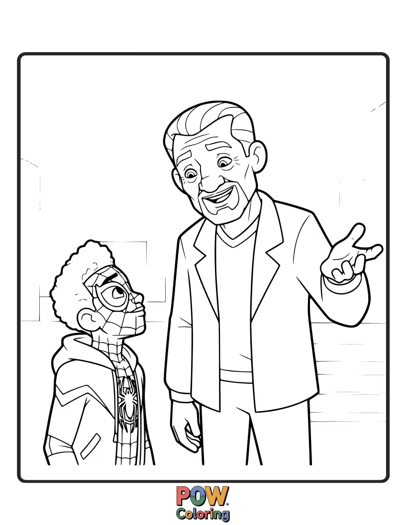 Free coloring page of Miles Morales offering guidance to a younger aspiring hero, sharing his wisdom and bravery.