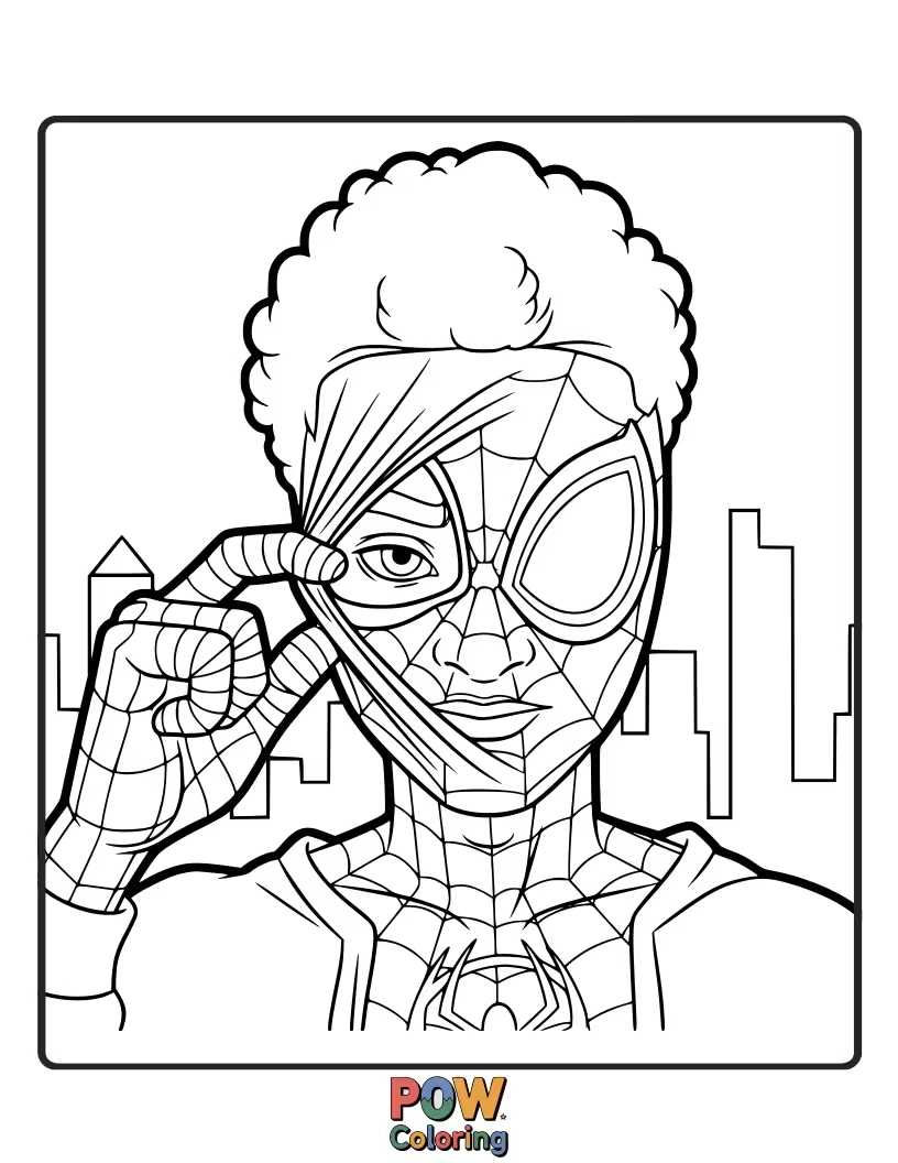 Free coloring page of Miles Morales with his mask slightly askew, hinting at his civilian identity, a moment of vulnerability.
