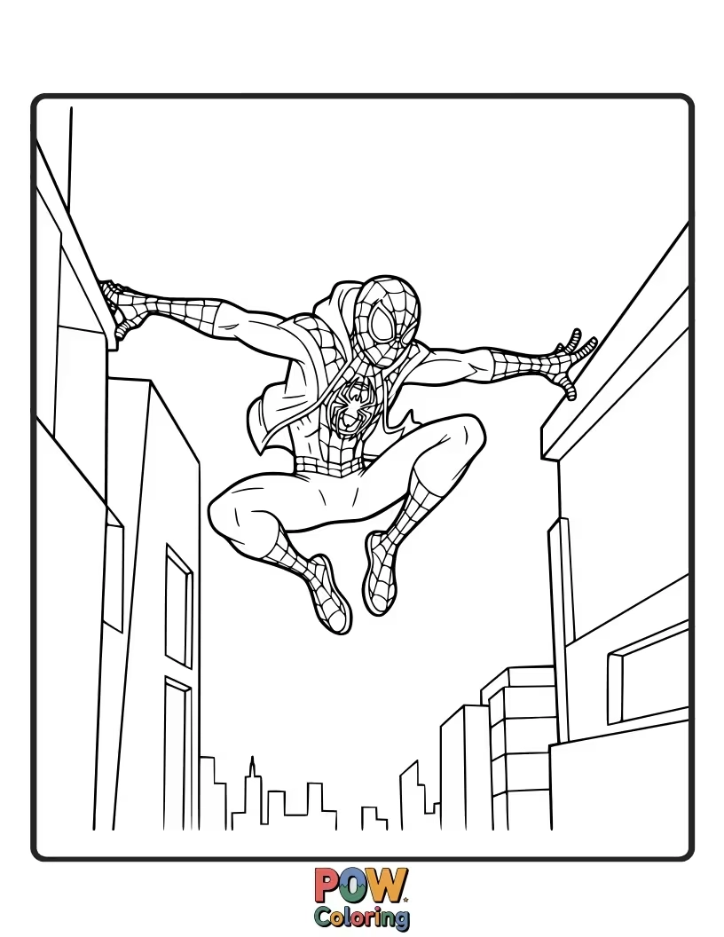 Free coloring page of Miles Morales performing a daring parkour move, leaping between rooftops with incredible agility.