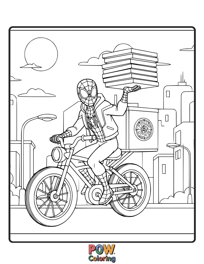 Free coloring page of Miles Morales, in his civilian clothes, carrying a pizza box with a knowing smile, a true Brooklynite.