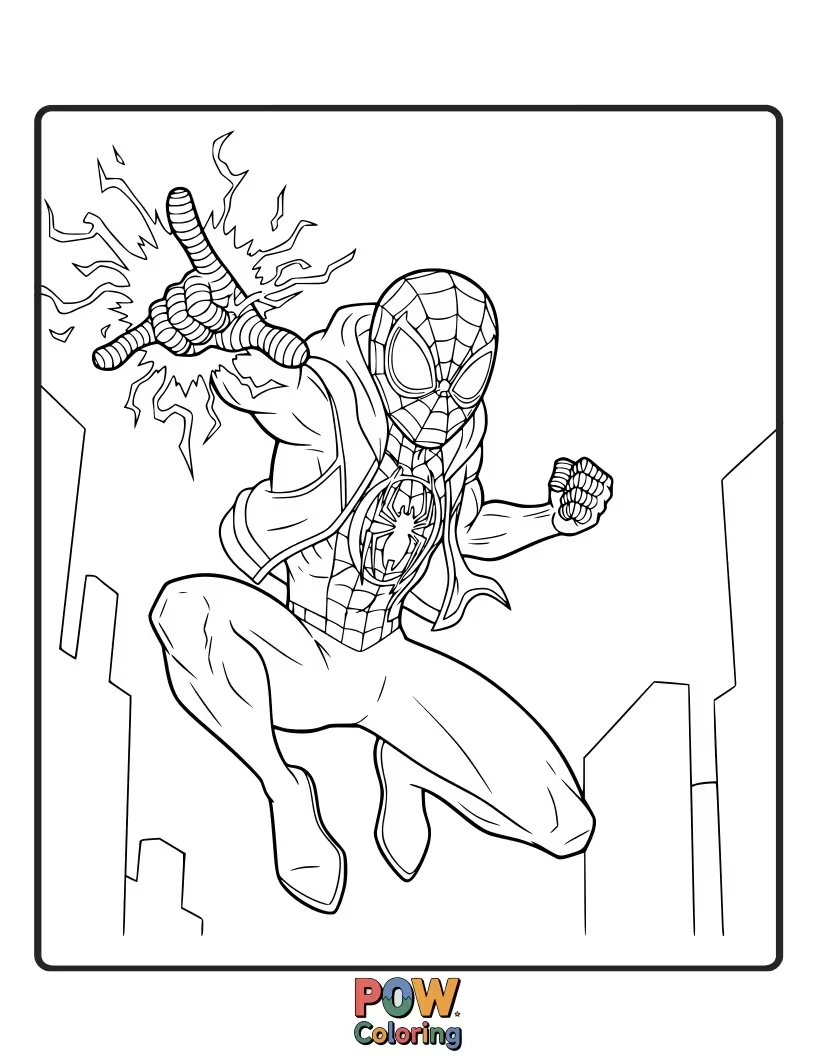 Free coloring page of Miles Morales in a triumphant pose, one fist raised, celebrating victory over evil.