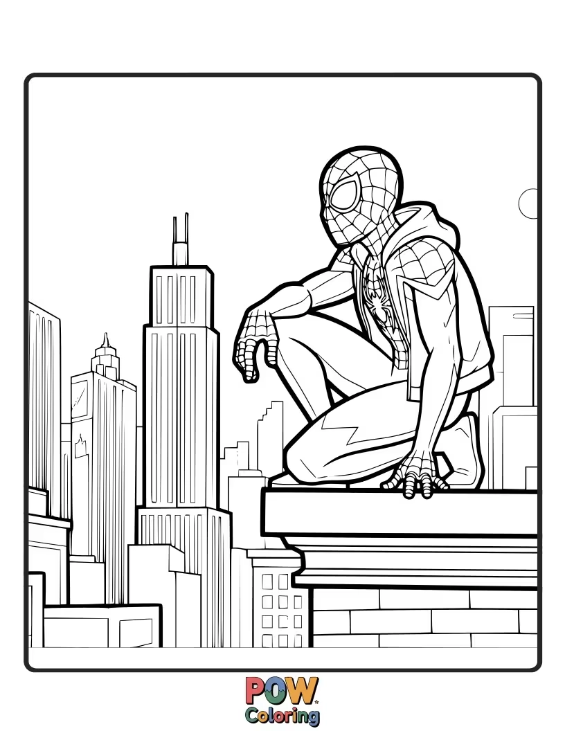 Free coloring page of Miles Morales perched on a Gotham rooftop, gazing at the city lights, ready for action with his suit.