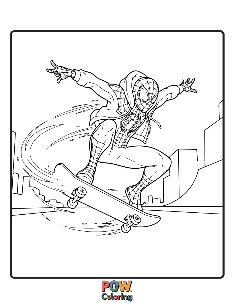 Free coloring page of Miles Morales effortlessly skateboarding down a Brooklyn street, his iconic red spider symbol prominent on his chest.