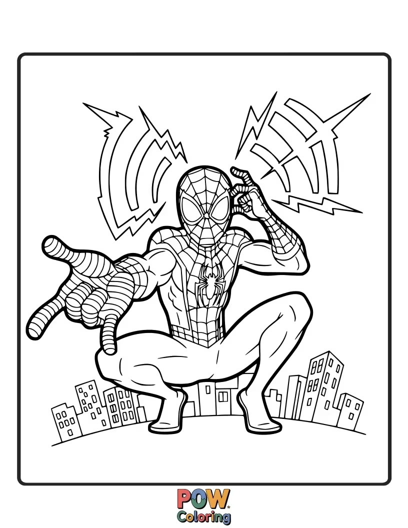 Free coloring page of Miles Morales striking a dynamic pose, his spider-sense tingling, with abstract energy lines radiating from his head.