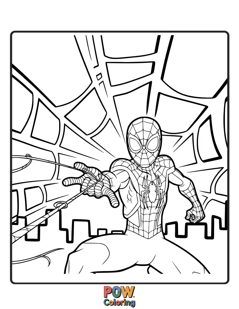 Free coloring page of Miles Morales shooting a thick, intricate web, designed for capturing villains or swinging.