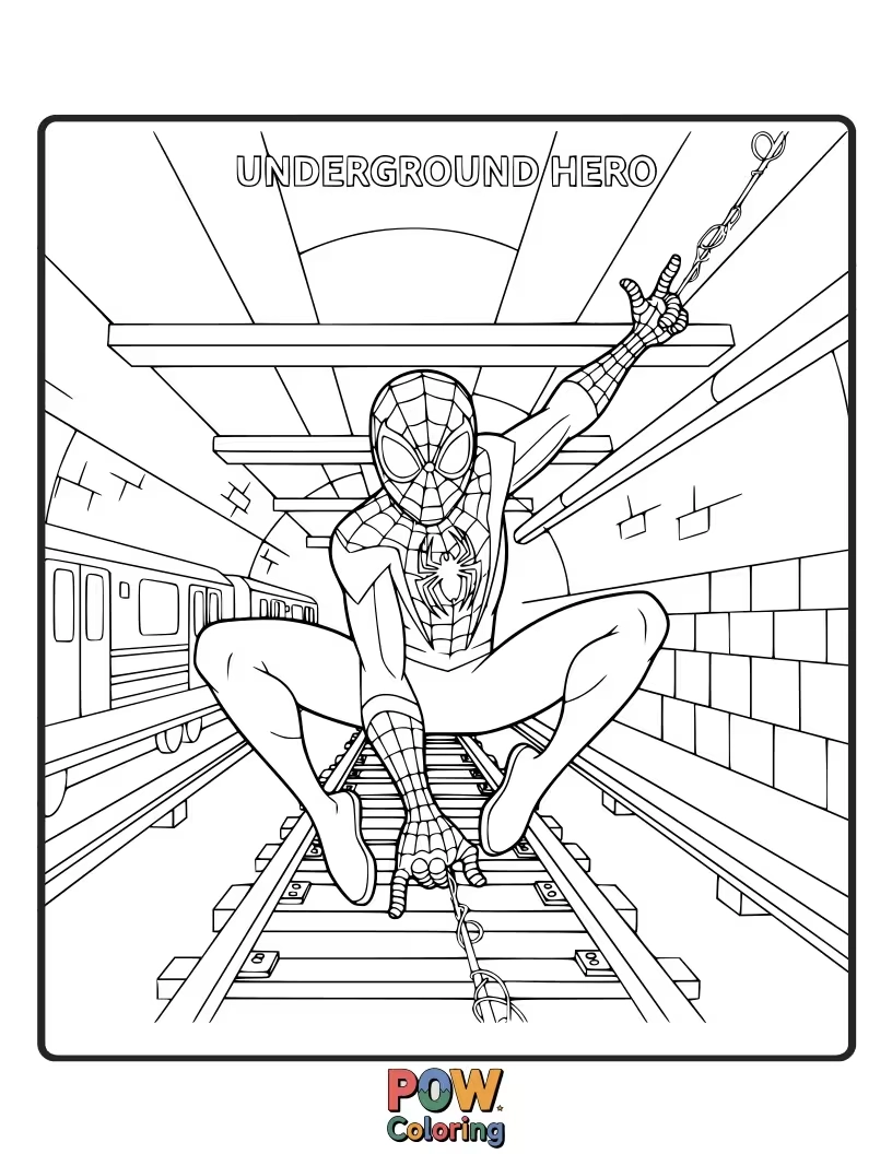 Free coloring page of Miles Morales navigating the subway tunnels, using the city's underbelly to his advantage.