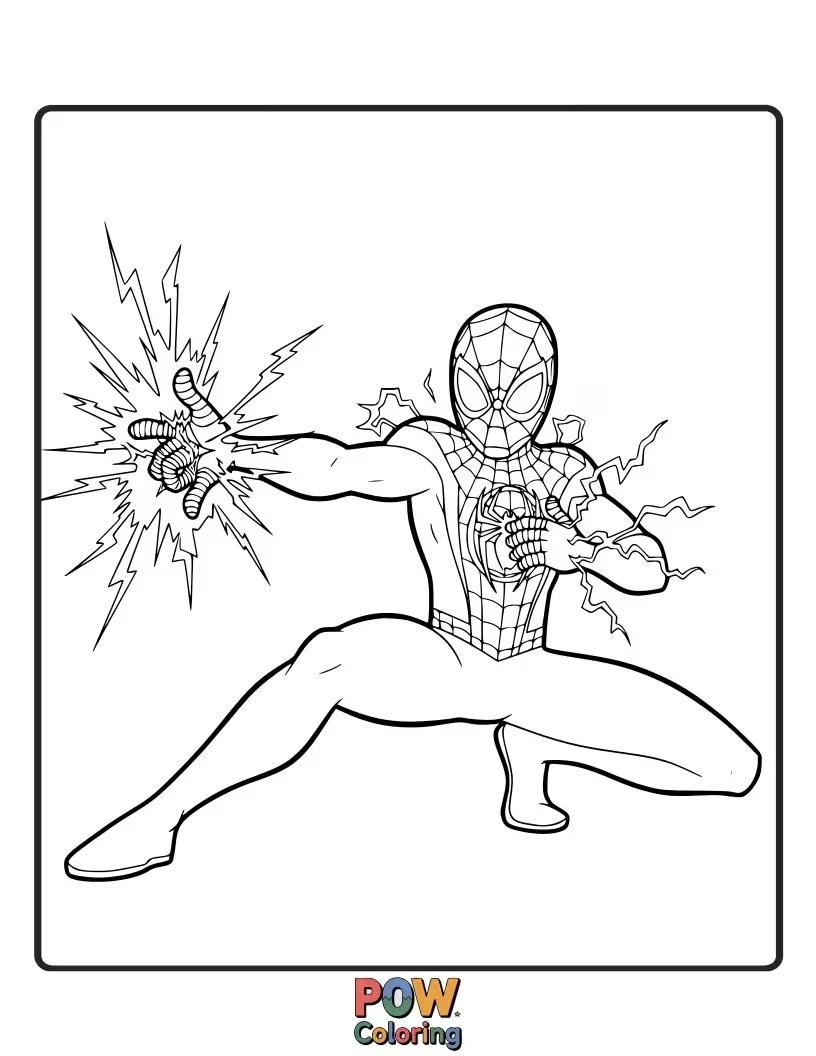 Free coloring page of Miles Morales unleashing a powerful yellow and blue venom blast, energy crackling around his hands.