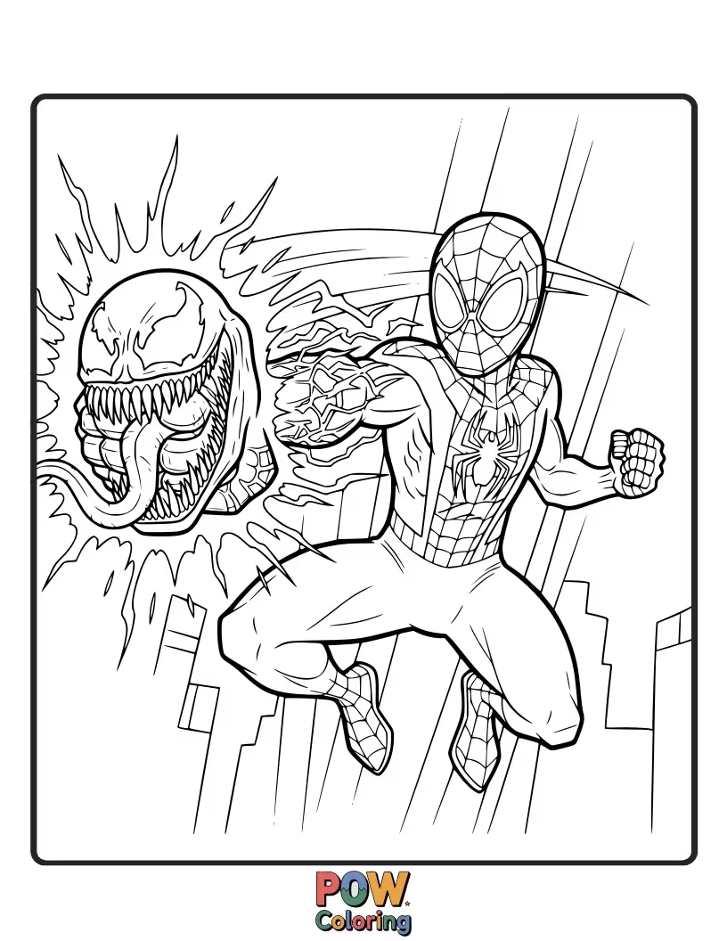 Free coloring page of Miles Morales delivering a powerful punch, his fist crackling with concentrated venom energy.
