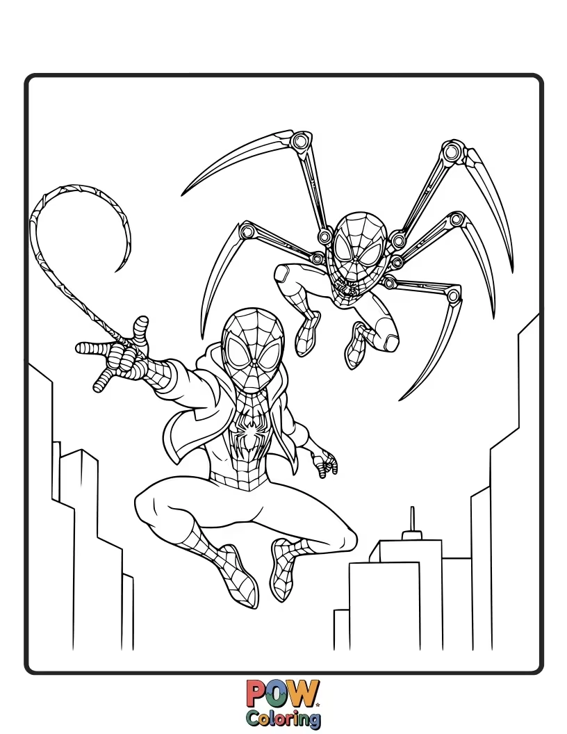 Free coloring page of Miles Morales holding and interacting with his trusty spider-bot companion, ready for a mission.