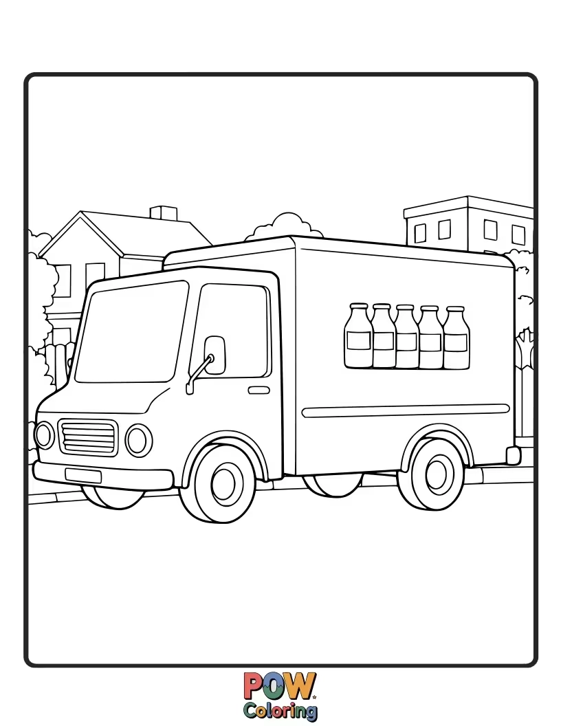 Free coloring page of A classic milk truck, bringing fresh goodness. Imagine bright, clean colors for this familiar delivery vehicle.