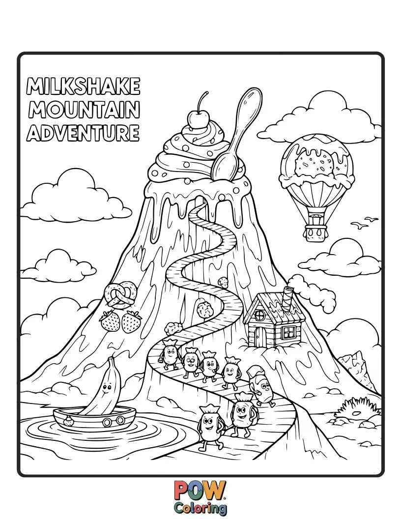 Free coloring page of Characters hiking up a milkshake mountain with whipped cream snow and cherry on top.