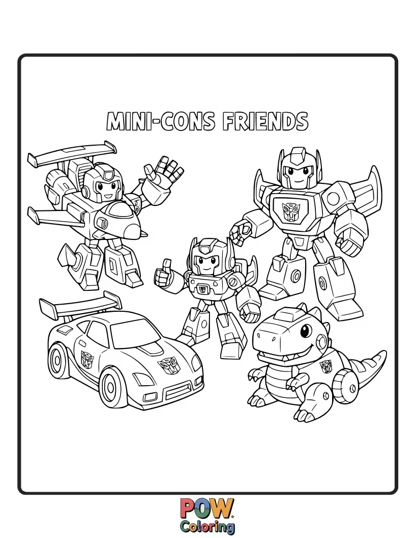 Free coloring page of A group of smaller, friendly Mini-Cons, perfect for younger children to color and enjoy.