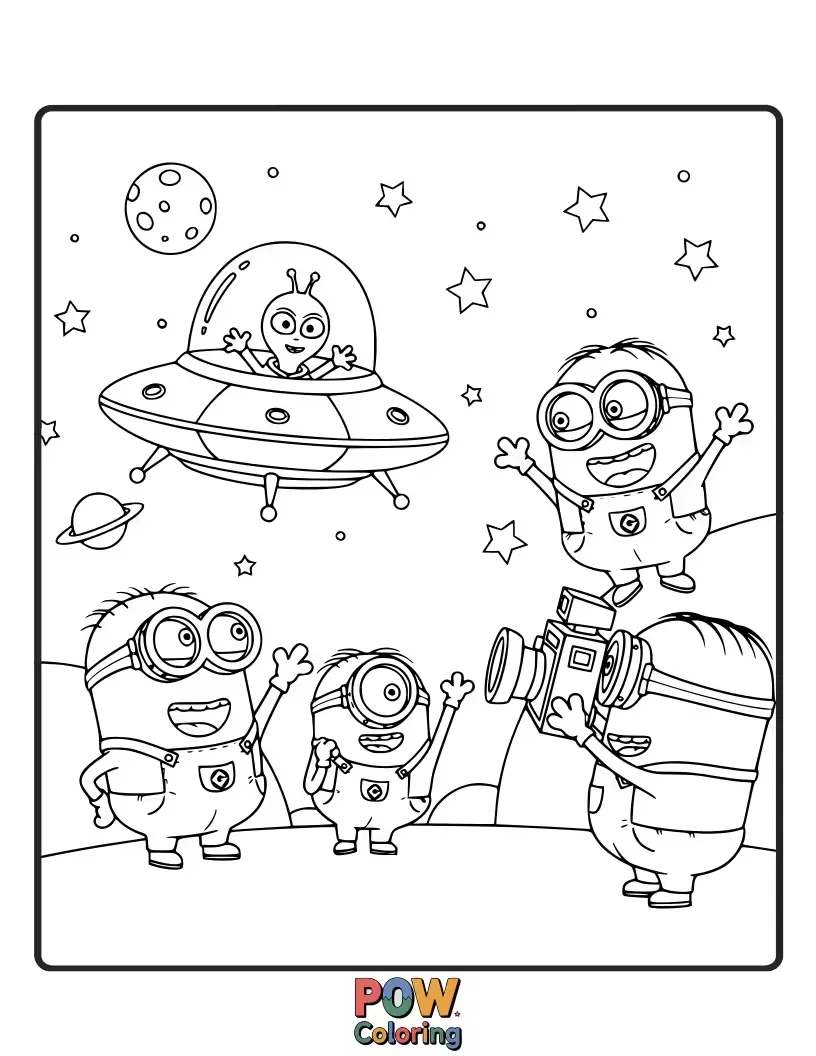 Free coloring page of Wide-eyed and amazed, these curious Minions are meeting friendly little aliens. Color their intergalactic, adorable first contact!