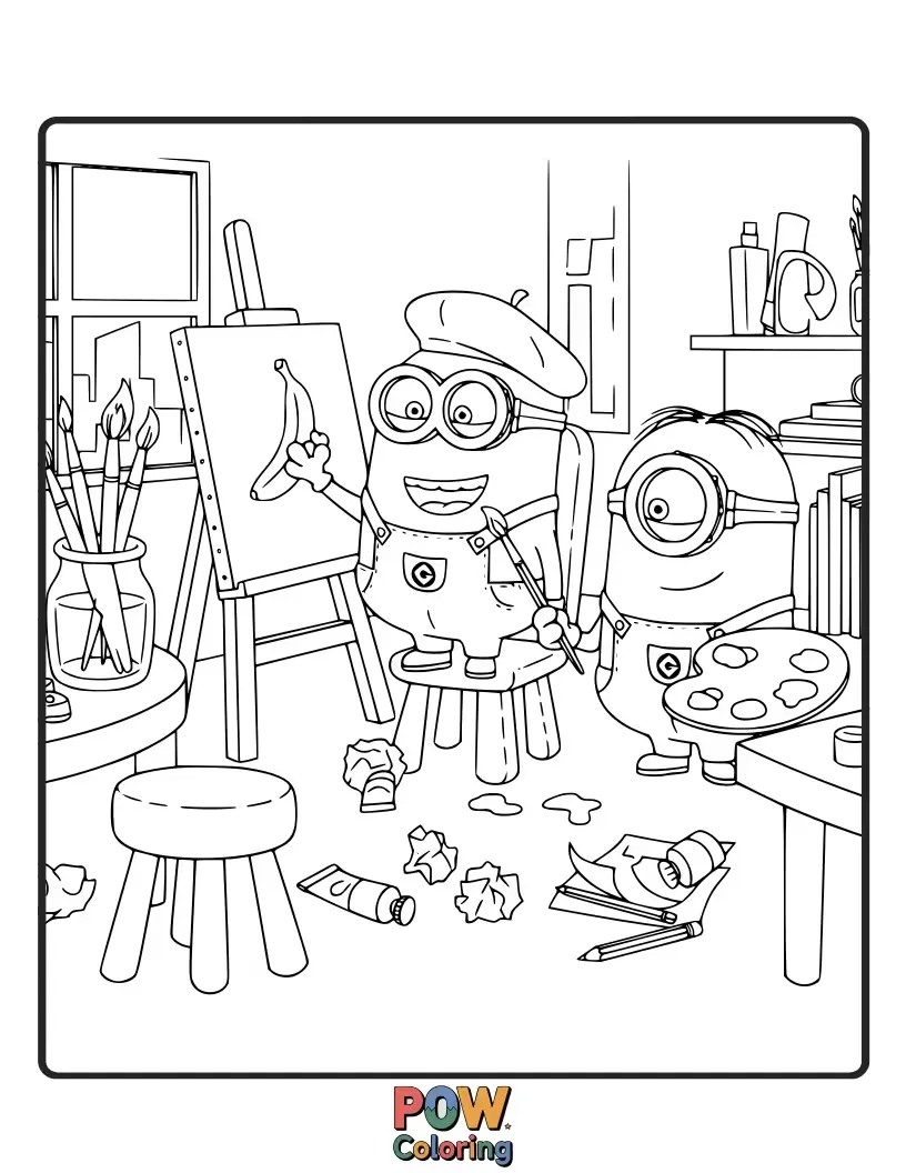 Free coloring page of Surrounded by canvases and paint splatters, these artistic Minions are creating their masterpieces. Let your creativity flow with their colorful art session!