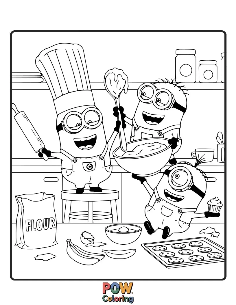 Free coloring page of Covered in flour, these culinary Minions are hilariously attempting to bake a giant, wobbly cake. Add some delicious colors to their sweet creation!