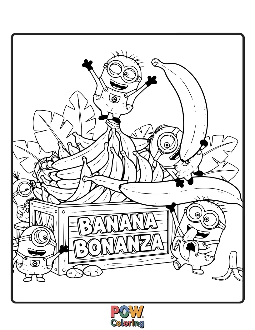 Free coloring page of Bouncing with joy, these Minions are surrounded by a mountain of delicious bananas, their ultimate happy place. Get ready for a fruity, fun coloring adventure!