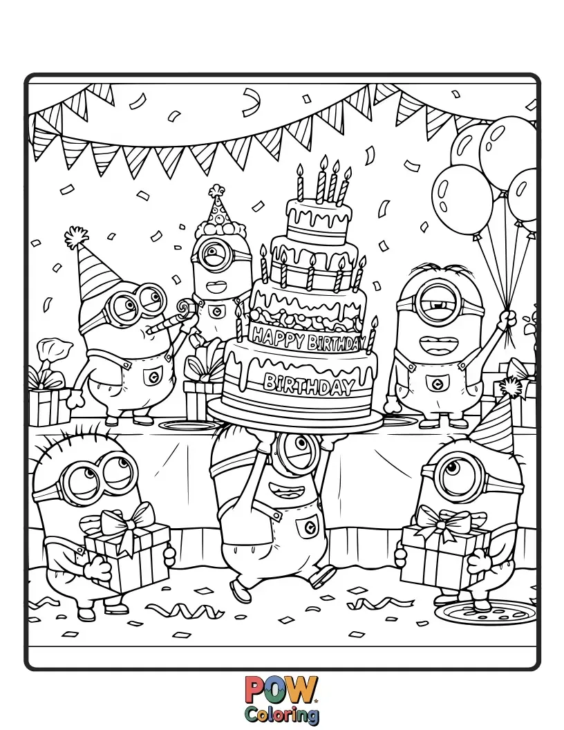 Free coloring page of Wearing party hats and surrounded by presents, these joyous Minions are celebrating a special birthday. Add festive colors to their cheerful party!