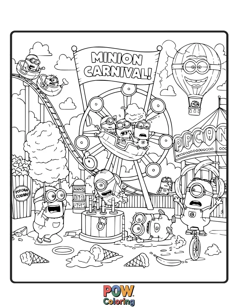 Free coloring page of Amidst popcorn and balloons, these excited Minions are enjoying the thrill of a fun-filled carnival. Color their joyous day of games and treats!
