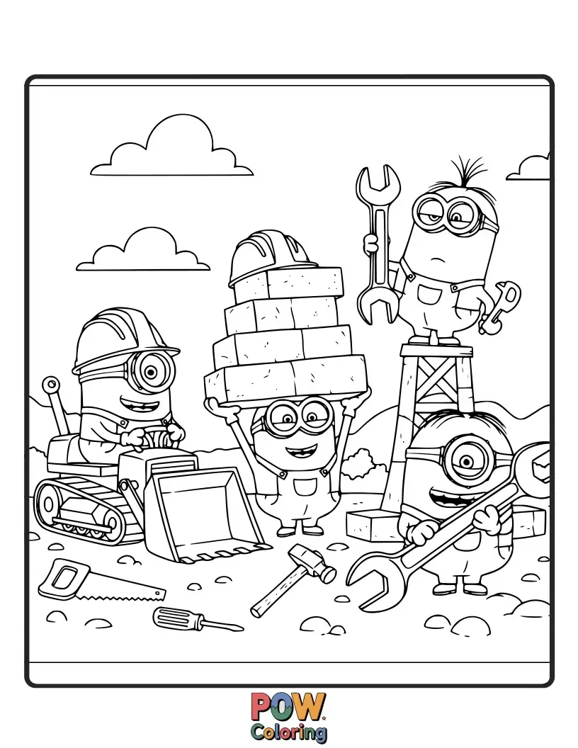 Free coloring page of Wearing hard hats and carrying tools, these diligent Minions are building something exciting. Color their busy and industrious construction site!