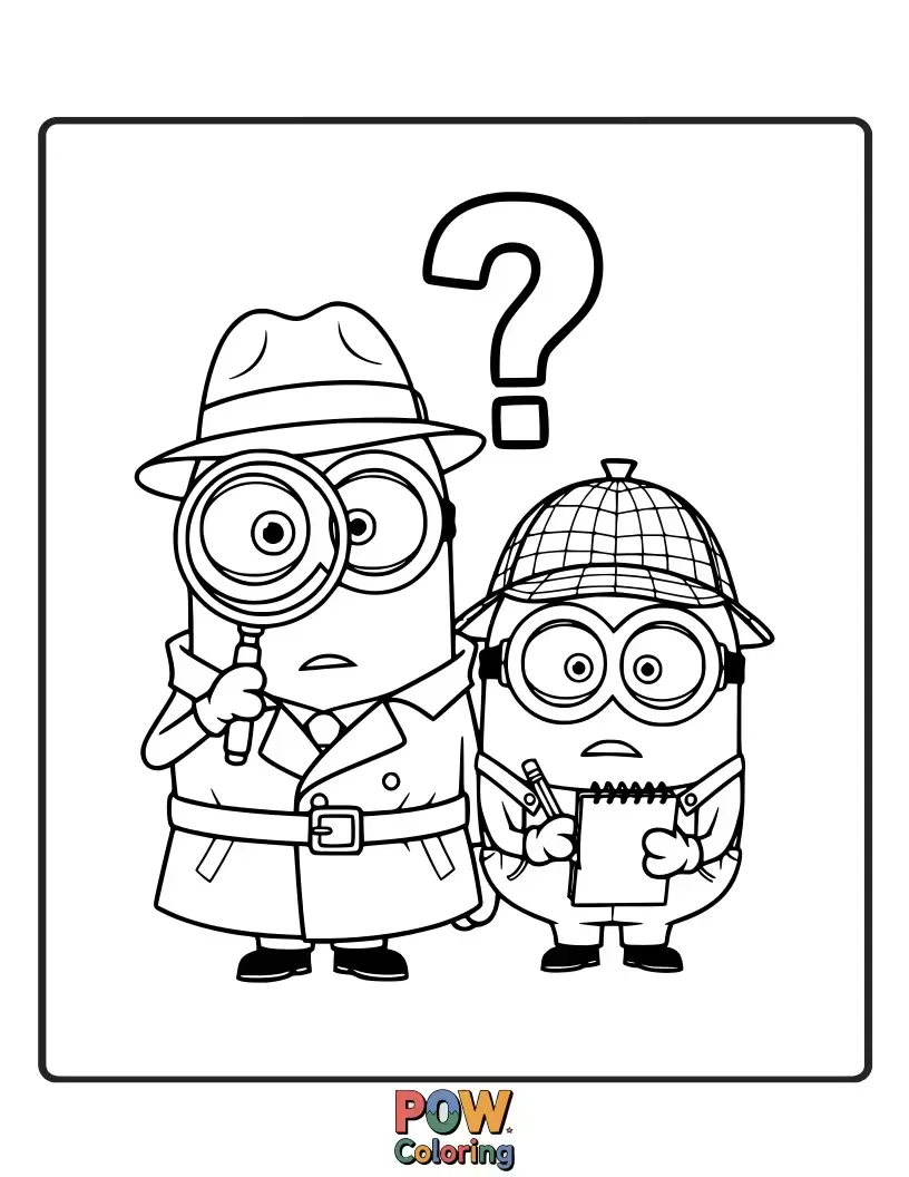 Free coloring page of Sporting trench coats and magnifying glasses, these clever Minions are on the case, sniffing out clues. Unravel the mystery with your colors!