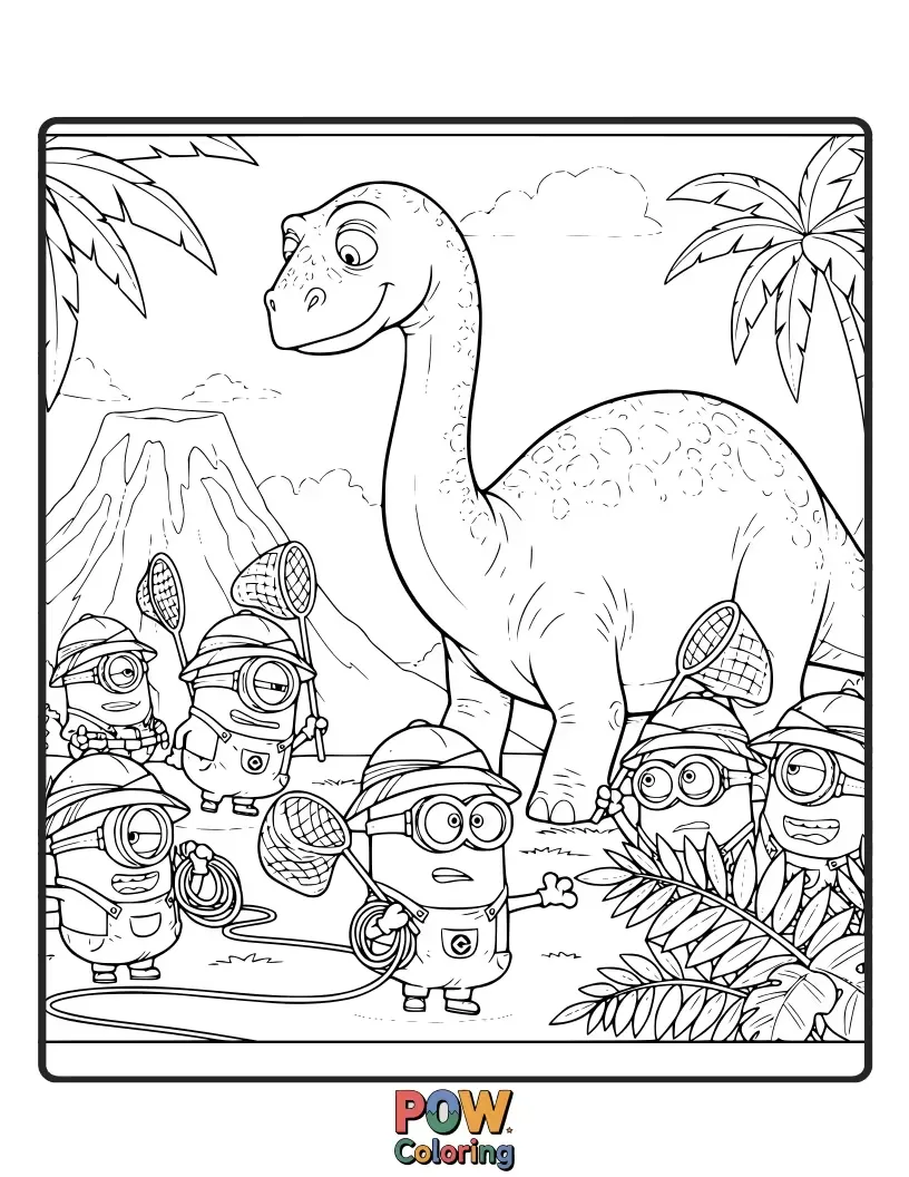 Free coloring page of Equipped with nets and safari hats, these brave Minions are on an adventure to find friendly dinosaurs. Color their prehistoric expedition!