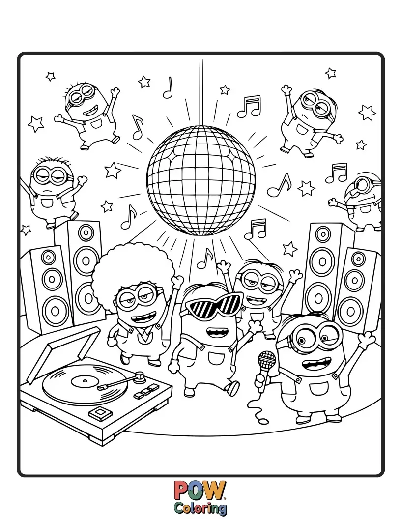 Free coloring page of Groovy Minions in dazzling disco outfits, striking funky poses under a glittering disco ball. Let's add some sparkle to this vibrant dance floor!