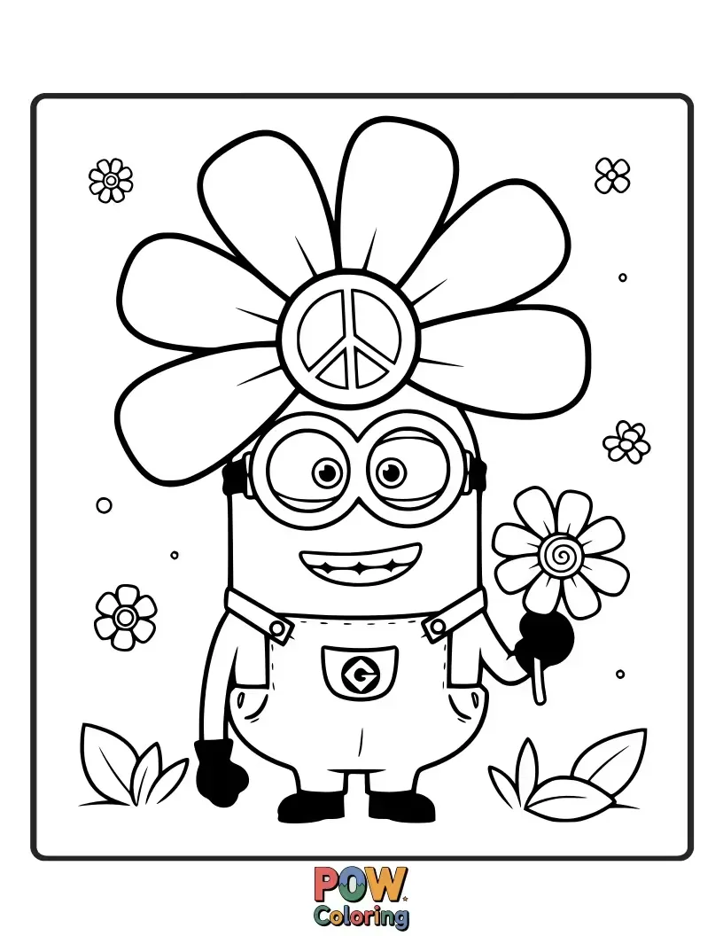 Free coloring page of Adorned with colorful flower crowns, these happy Minions are surrounded by blooming blossoms. Let your colors bloom with this vibrant garden scene!