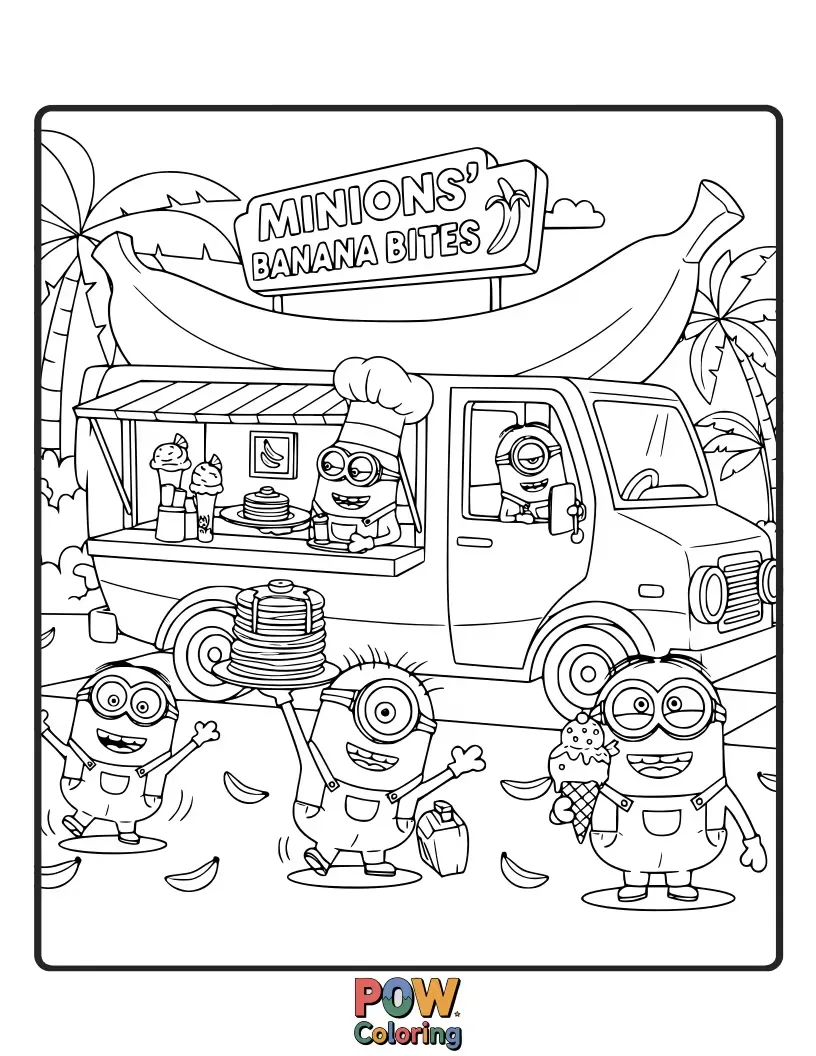 Free coloring page of Serving up delicious treats from their colorful food truck, these Minions are ready to delight. Color their tasty and vibrant culinary creation!