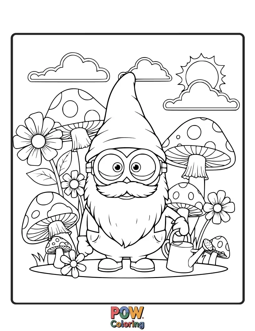 Free coloring page of Sporting little pointy hats, these tiny Minions are gardening amongst oversized flowers and mushrooms. Bring this whimsical garden to life with vibrant hues!