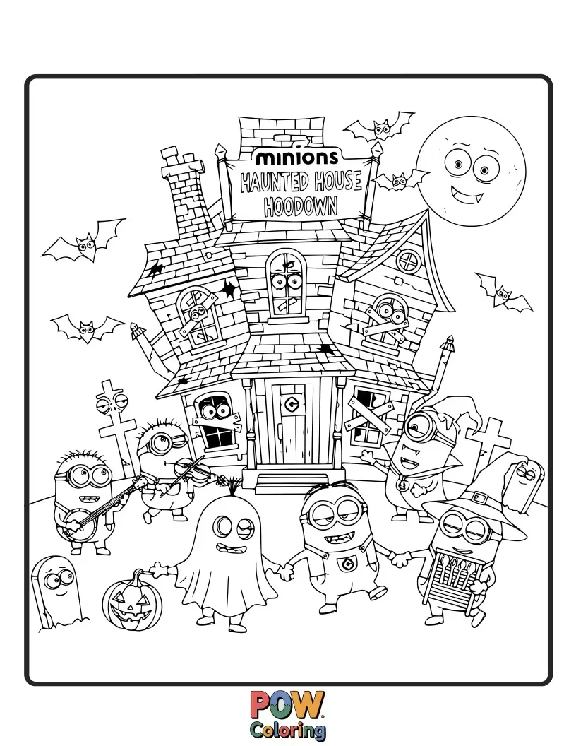 Free coloring page of Slightly spooky but still cute, these Minions are exploring a whimsical haunted house. Color their funny and not-so-scary adventure!