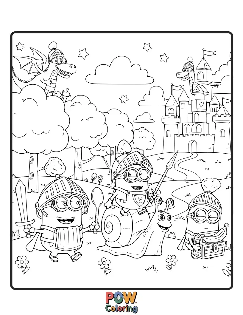 Free coloring page of Wearing knightly armor and helmets, these valiant Minions are embarking on a noble quest. Color their chivalrous and adorable adventure!