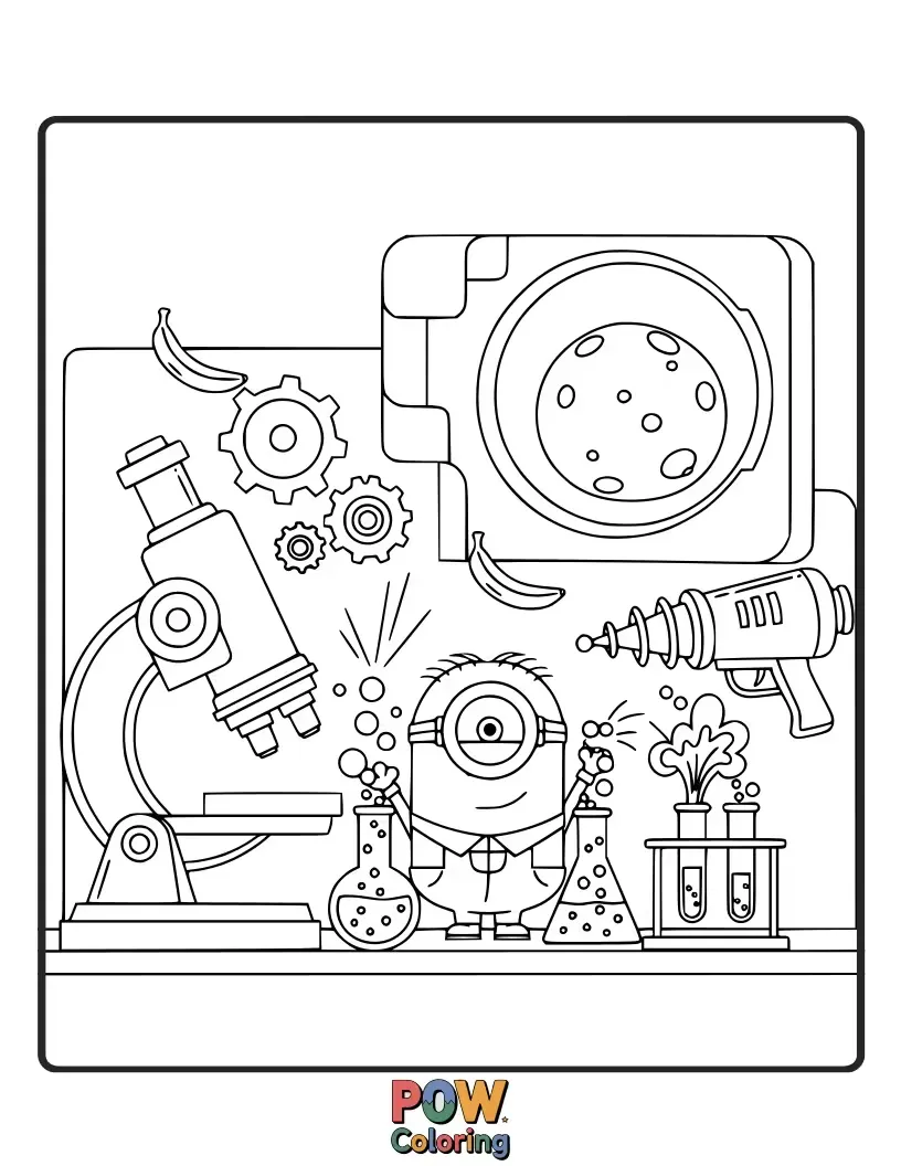 Free coloring page of Wearing lab coats and goggles, these clever Minions are concocting a bubbly potion. Add some scientific flair to their experimental fun!