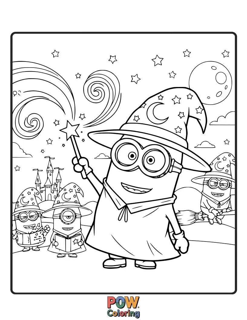 Free coloring page of Sporting wizard hats and cloaks, these mystical Minions are casting playful spells with wands. Color their enchanting and whimsical magic show!