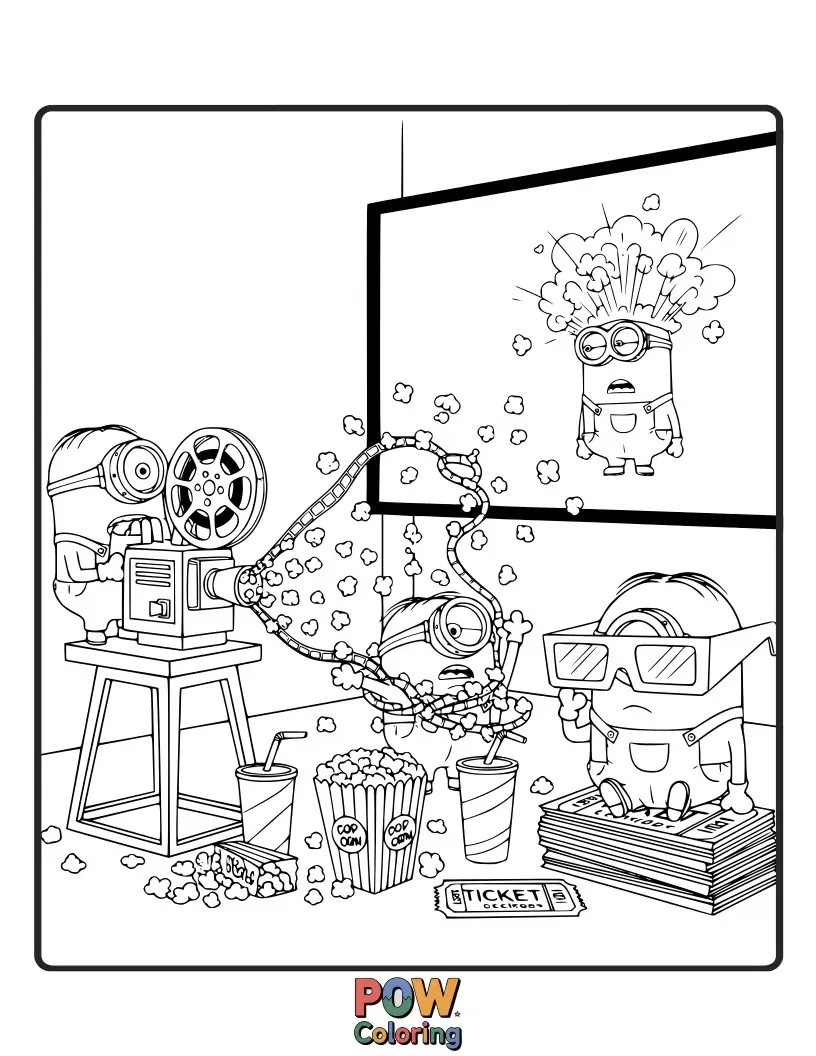 Free coloring page of Snuggled up with popcorn, these cozy Minions are enjoying a hilarious movie marathon. Color their comfy and fun cinematic experience!