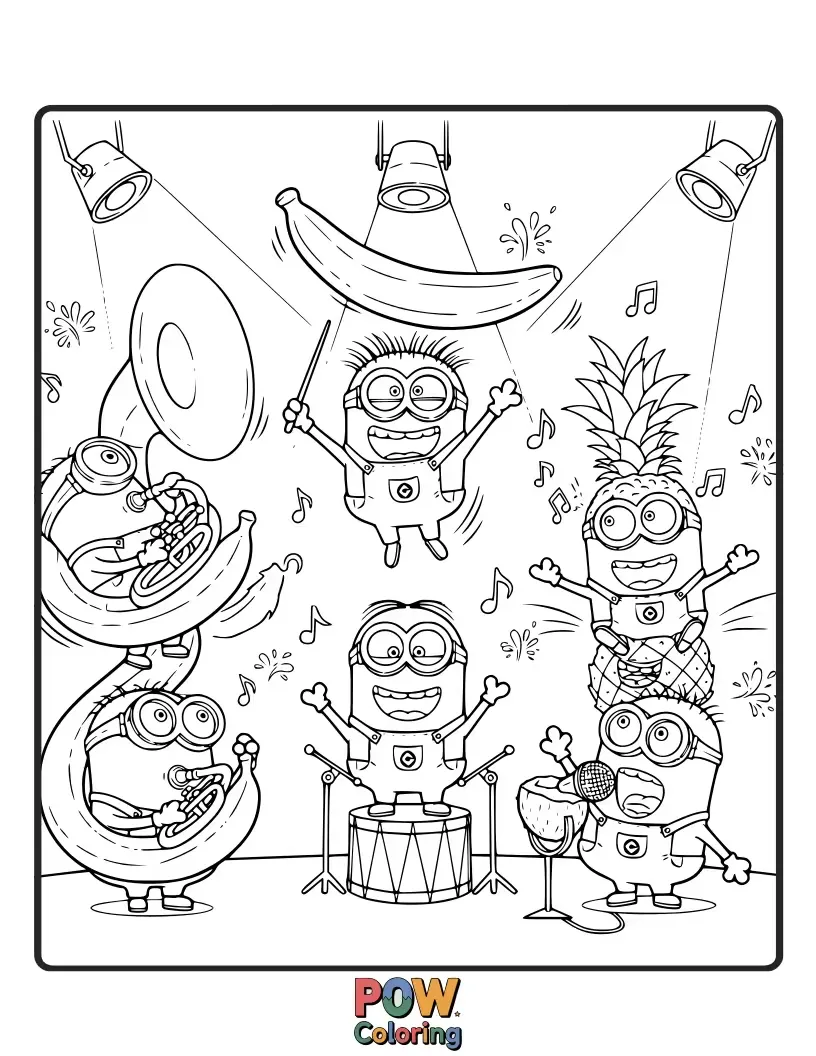 Free coloring page of Playing various instruments with chaotic glee, these musical Minions are creating a hilarious symphony. Let the colors sing with their joyful noise!