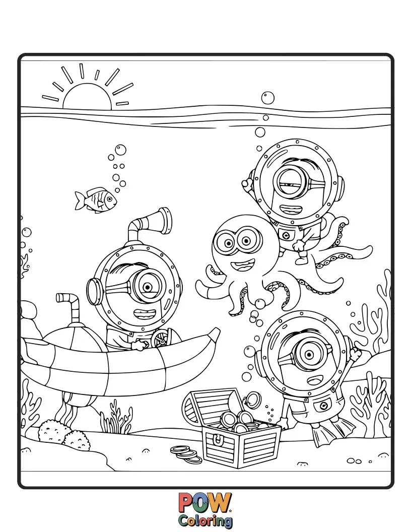 Free coloring page of Donning snorkel gear, these curious Minions are discovering the wonders of the deep sea. Dive into fun with their underwater adventure!