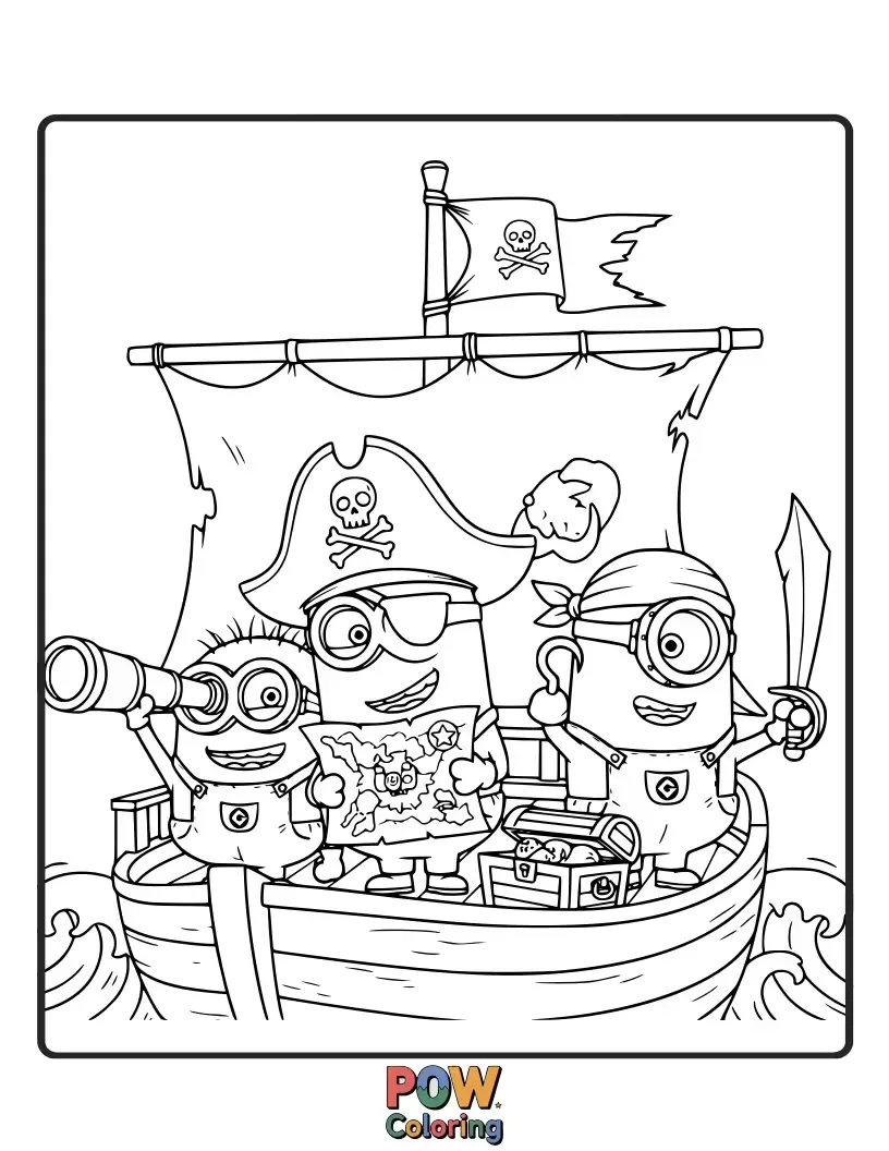 Free coloring page of With eye patches and bandanas, these swashbuckling Minions are sailing the high seas on a treasure hunt. Color their exciting pirate escapade!