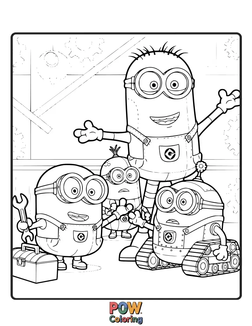 Free coloring page of With gears and circuits, these helpful Minions are assembling a giant robot. Bring their mechanical creations to life with metallic and vibrant shades!
