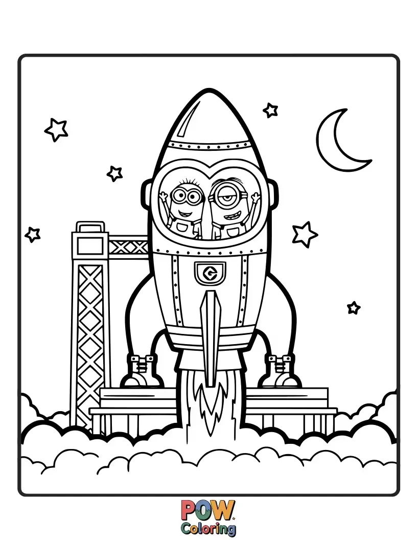 Free coloring page of Strapped in and excited, these Minions are blasting off into space in a DIY rocket. Color their epic journey through the starry cosmos!