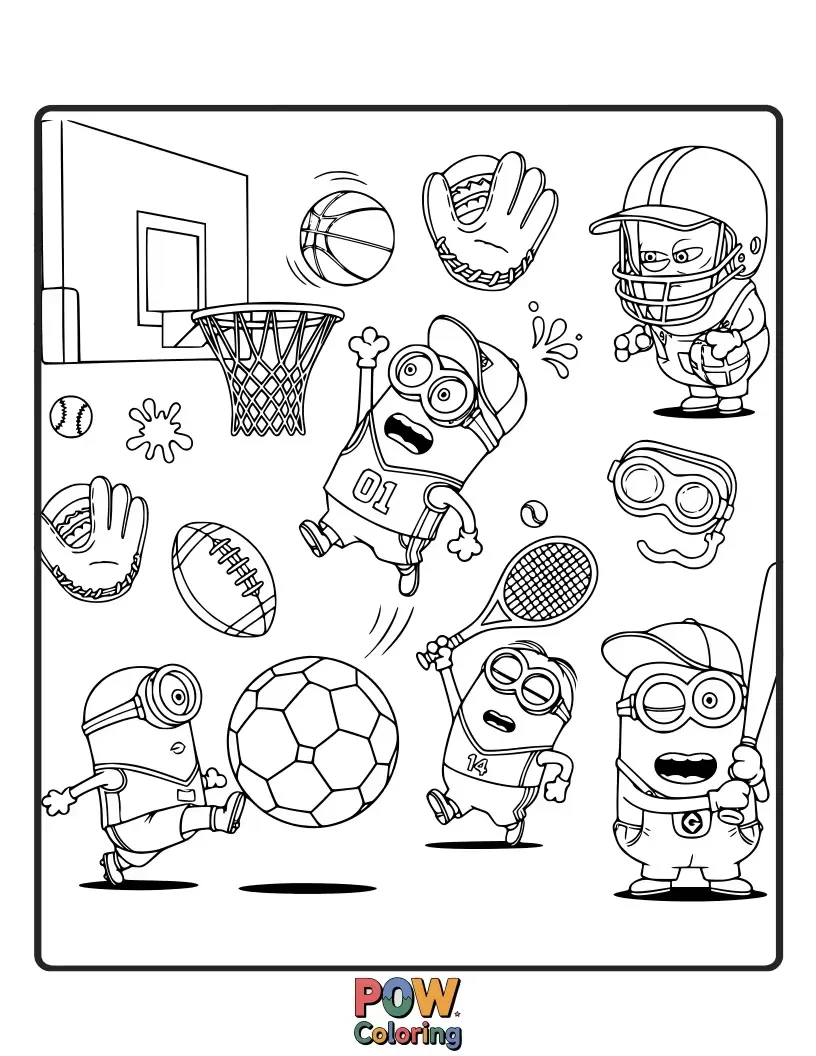 Free coloring page of Dressed in athletic gear, these energetic Minions are playing various sports with enthusiastic skill. Color their sporty and fun game day!