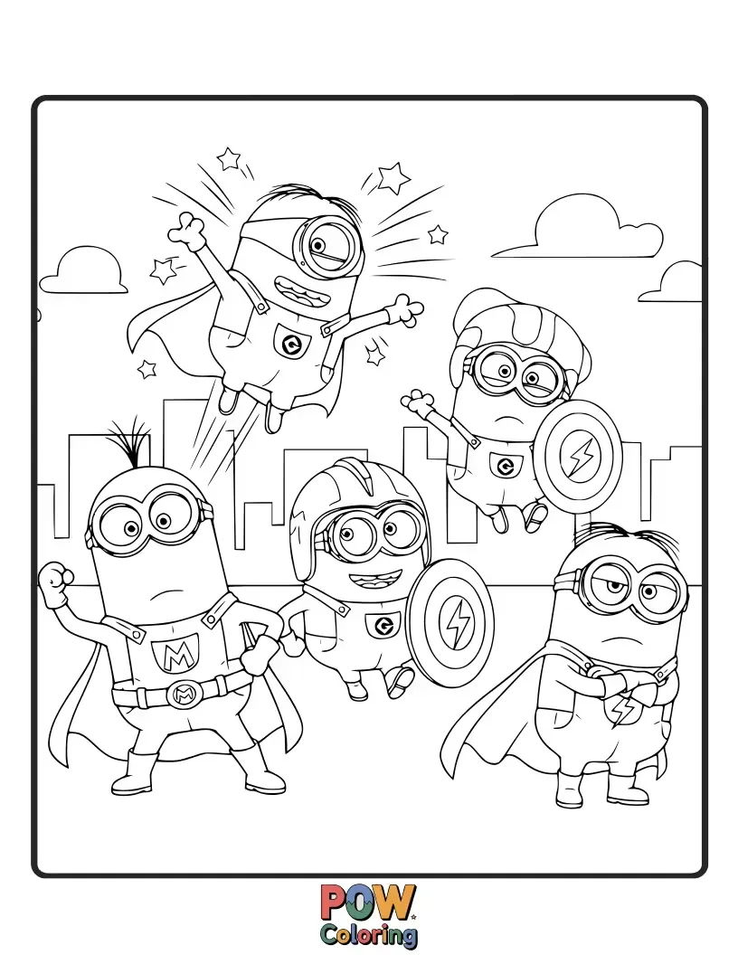 Free coloring page of Capes fluttering, these brave Minions strike heroic poses, ready to save the day with their adorable might. Color them in their mighty, colorful costumes!