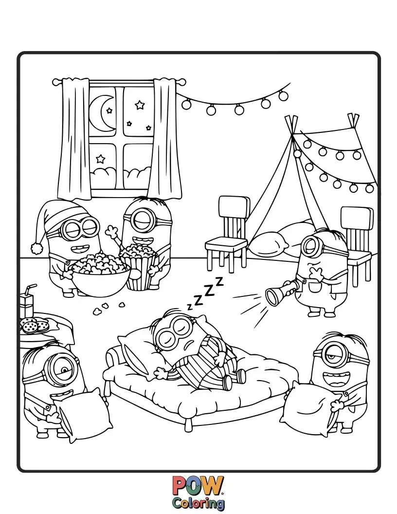 Free coloring page of Cozy in pajamas, these sleepy Minions are having a slumber party with pillows and blankets. Color their peaceful and adorable dreamland scene!