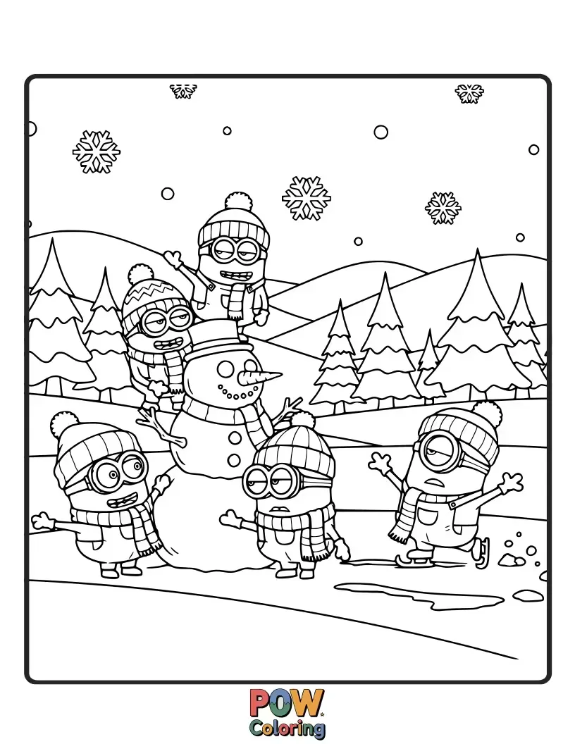 Free coloring page of Bundled in scarves and hats, these cheerful Minions are playing in the snow, building a snowman. Add festive colors to their icy fun!