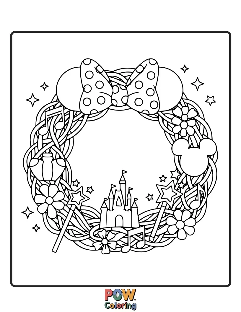 Free coloring page of Minnie Mouse crafts a beautiful, sparkling Christmas wreath adorned with ribbons and ornaments.